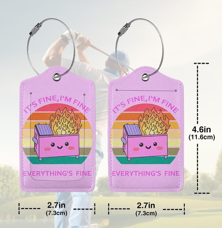 2 Pack Luggage Tags for suitcases Cute Pink Trash on fire I'm Fine It's Fine Luggage Tag, Leather Stainless Steel Loop Label Tag for Men Women Travel Bag Suitcase(Pink Trash)