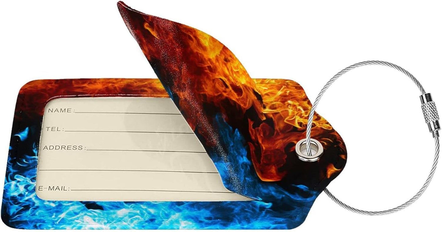 2-Pack Cool Ice and Fire Luggage Tags for Suitcases, Red and Blue Leather Baggage Tag with Loop, Cool Luggage Identifiers Name ID Card Cover Travel Bag Labels Set