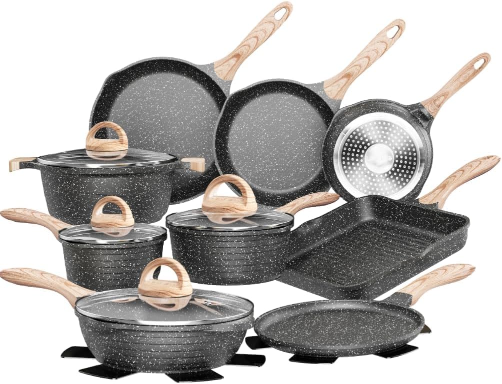 JEETEE Pots and Pans Set Non Stick 23pcs, Healthy Kitchen Cookware Sets, Induction Cooking Set W/Gray Frying Pans, Saucepans, Sauté & Griddle & Crepe Pan (PFOA, PFAS Free)