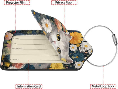 Cute Cat in Flowers 2 Pcs Luggage Tags,Privacy Cover ID Label with Stainless Steel Loop and Address Card for Travel Bag Suitcase,