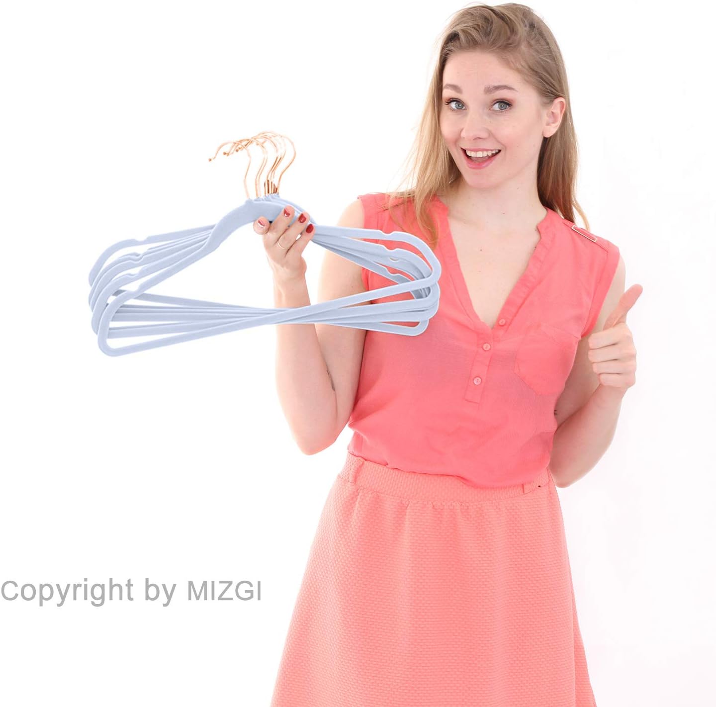 MIZGI Premium Velvet Hangers (50 Pack) Heavy Duty - Non Slip Felt Hangers - Velvet Suit Hanger Light Blue - Rose Gold Hooks,Space Saving Clothes Hanger