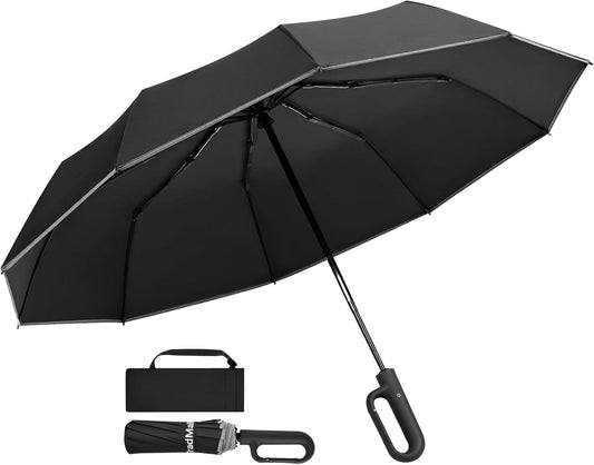 TradMall Travel Umbrella, 280T Fabric Windproof Automatic Portable Compact Folding Umbrellas for Rain with Reflective Stripe for Women and Men