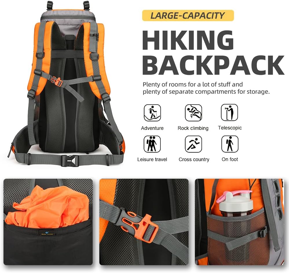 King'sGuard 60L Hiking Backpack Large Waterproof Camping Backpack for Men and Women Lightweight Frameless Backpacking Backpack with Rain Cover (Orange)