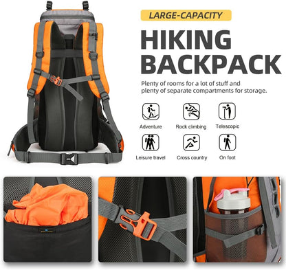 King'sGuard 60L Hiking Backpack Large Waterproof Camping Backpack for Men and Women Lightweight Frameless Backpacking Backpack with Rain Cover (Orange)