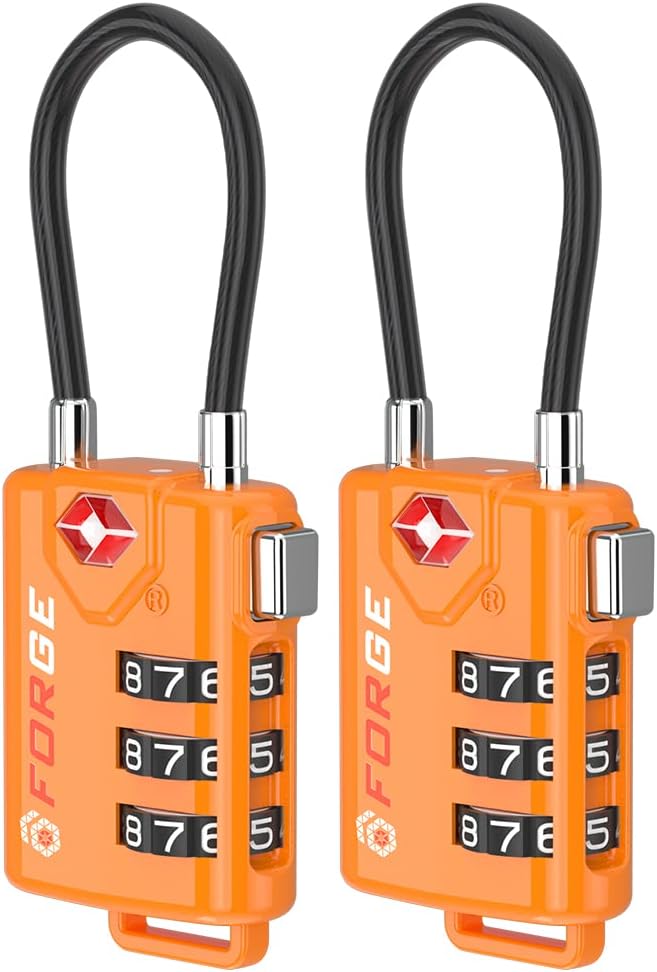 TSA Approved Cable Luggage Locks, Re-settable Combination with Alloy Body, Orange 2 Locks.