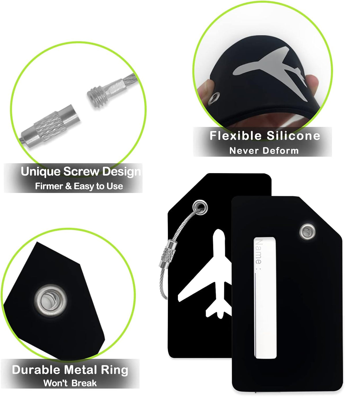 Luggage Tag 8 Pcak - Travel Essentials Accessories for Suitcases Quickly Identify, Travel Tags for Luggage, Backpacks, Bags, Baggage, Cruise Suitcases - Flexible & Bright Silicone (Black