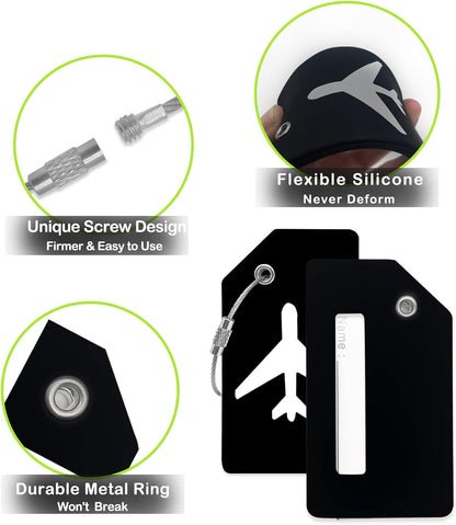 Luggage Tag 8 Pcak - Travel Essentials Accessories for Suitcases Quickly Identify, Travel Tags for Luggage, Backpacks, Bags, Baggage, Cruise Suitcases - Flexible & Bright Silicone (Black