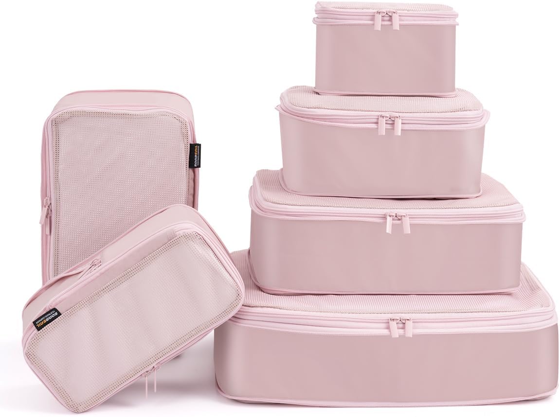 6 Set Compression Packing Cubes for Travel, Large Medium Small Luggage Organizers, Storage Bags for Clothes (6 Pack, Dusty Pink)