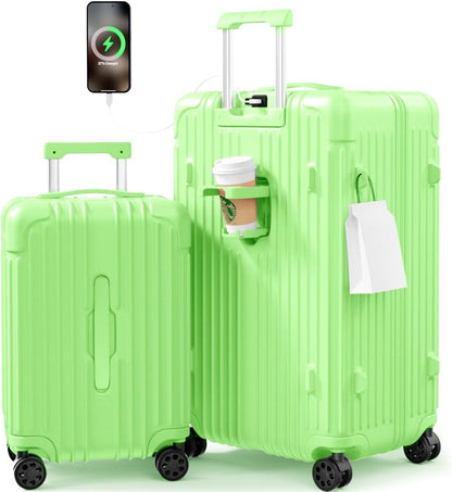Krute Luggage Sets 2 Piece Suitcase with Spinner Wheels PC+ABS Hardside Suitcases Charging Port TSA Lock Carry On Luggage with Cup Holder 20+28 Inch