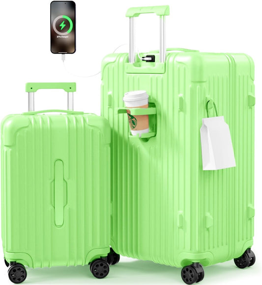 Krute Luggage Sets 2 Piece Suitcase with Spinner Wheels PC+ABS Hardside Suitcases Charging Port TSA Lock Carry On Luggage with Cup Holder 20+28 Inch