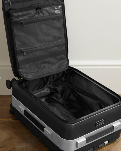 D_b_ Ramverk Pro Front Access Carry-On 21 Inch Hardside Luggage Extra Protection Aluminum Frame, Silent 360 Spinner Wheels, TSA Lock, Interior Laptop Compartment - Black Frame/Black