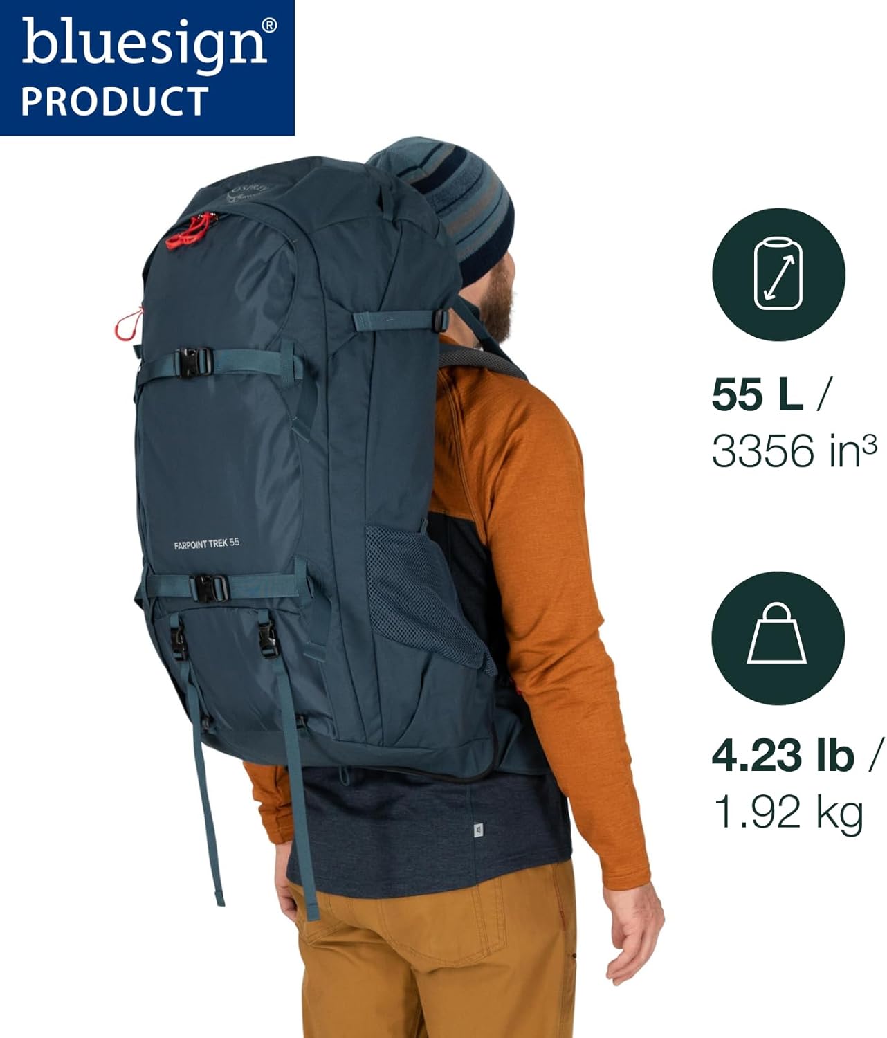 Osprey Farpoint Trek 55L Men's Travel Backpack, Muted Space Blue