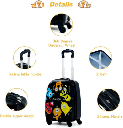 HONEY JOY Kids Luggage, 12" Toddler Backpack & 16" Travel Suitcase with Wheels, Lightweight Toddler Girls Suitcase, Durable ABS Hardshell, 2Pcs Carry On Luggage Set for Boys Girls, Black Monster