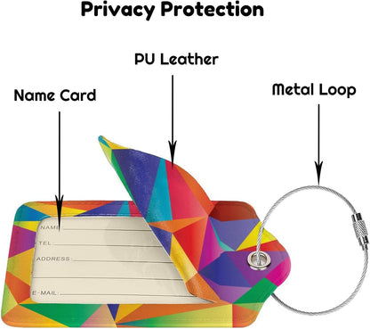 2 Pcs Luggage Tags for Suitcases Unique, Bright Rainbow Leather Baggage Tag with Colorful Geometric Pattern, Identifiers Tags with Privacy Name Address Labels & Durable Steel Loop for Women Men Travel