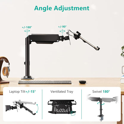WALI Laptop Tray Desk Mount, Laptop Arm Mount Fits 10-15.6 Inch Notebook, 2-in-1 Gas Spring Monitor Arm for 17-32 Inch Computer Screen, Holds up to 22lbs(GSDM00LP), Black