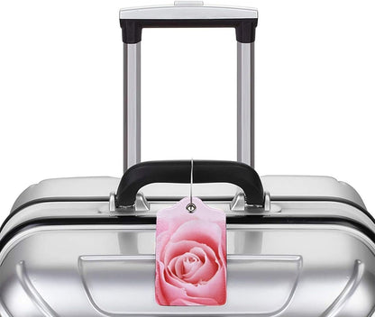 2 Pack Pink Rose Luggage Tags for Suitcases, Pretty Flower Leather Suitcase Backpack Bag Tags Identifiers with Privacy Cover Name Address Labels & Durable Steel Loop for Women Girls Travel