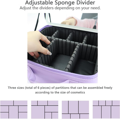 Makeup Bag with Led Mirror,Travel Makeup Organizer with 3 Color Setting & 10X Magnifying Mirror, Portable Storage and Adjustable Dividers Travel Makeup Bag-Purple