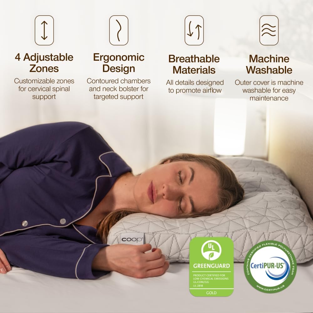 Coop Home Goods Adjustable Orthopedic Pillow King, Ergonomic Cervical Neck Support, Memory Foam Pillows for Side & Back Sleepers, Breathable, Washable Cover, GREENGUARD & CertiPUR-US Certified