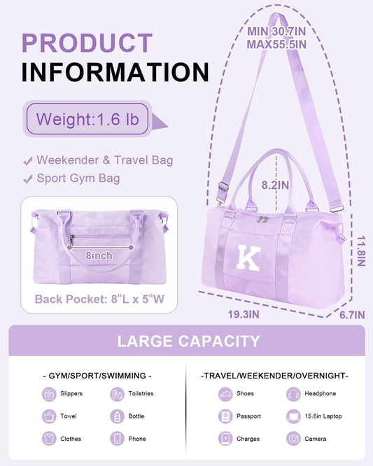 Daughter Niece Gifts for Teen Girl Kids, Initial Travel Duffel Bag Sports Gym Bag Personalized Gifts Weekender Bag，Monogram Overnight Bag Cute Dance Bag Birthday Bridesmaid Gifts for Women(Purple, K)