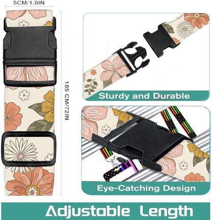 Luggage Straps for Suitcases Travel Belt Accessories, Cute Suitcase Strap, Adjustable Luggage Belt Strap, Heavy Duty with Quick-Release Buckle Luggage Strap Retro Boho Flowers