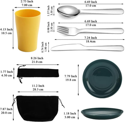 Evanda Camping Cutlery Set, Reusable Light Weight Mug, Plate and Stainless Steel Cutlery Set with Black Bag, Dishwasher Safe