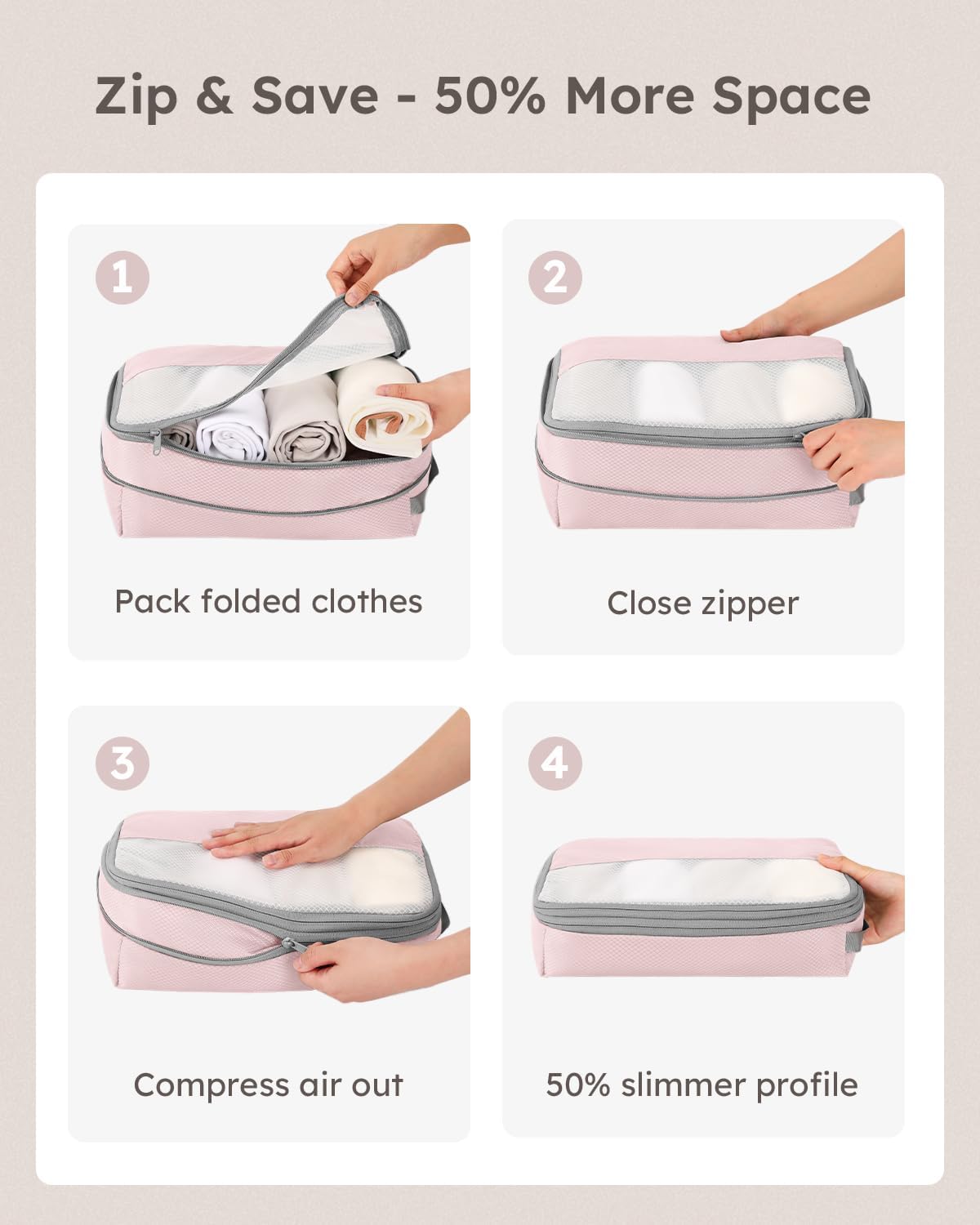 6 Set Compression Packing Cubes for Travel, Bonus Versatile Drawstring Backpack, Lightweight Luggage Organizer Bags, Sturdy Travel Accessories for Suitcase, Pink