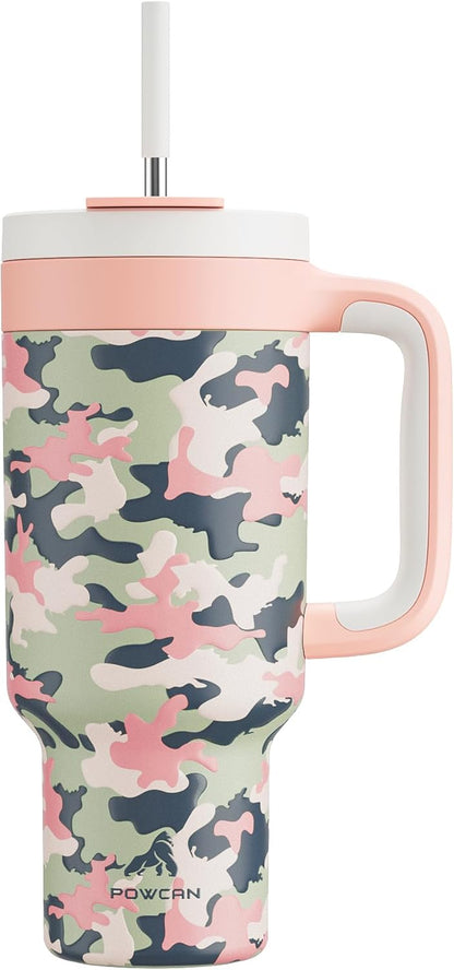40 oz Camo Tumbler with Handle, 2-in-1 Straw and Sip Lid, Leakproof, Dishwasher Safe, Insulated Stainless Steel Travel Coffee Mug, Keeps Cold for 34 Hours, Fits in Car Cup Holder (Rose Dappled)