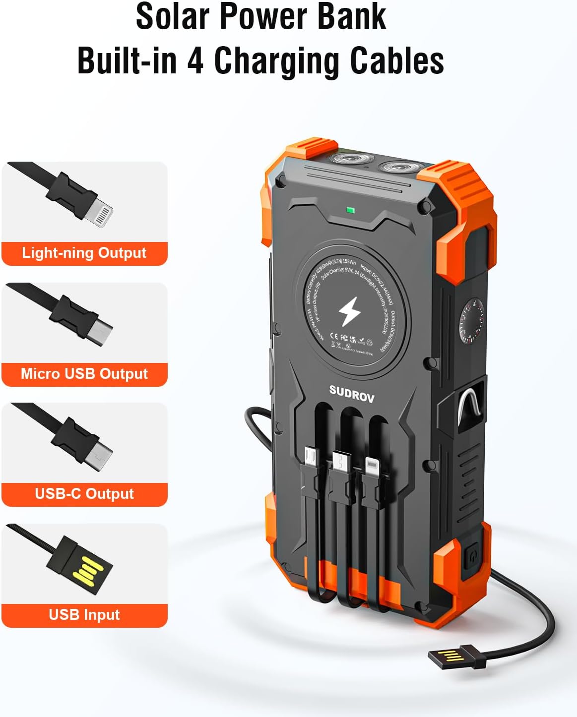 Solar Charger Power Bank, 42800mAh Wireless Portable Charger with USB-C in/Output, QC3.0 Fast Charging 15W 4 Ports Outdoor Battery Pack Built-in Dual Led Flashlights for iPhone Samsung etc