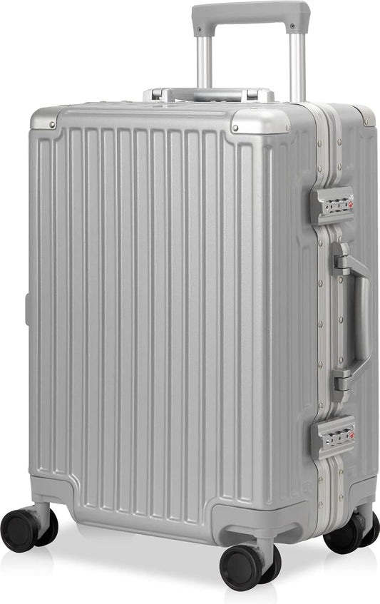 AnyZip Carry On Luggage - Aluminium Frame, PC ABS Hard Shell, Suitcases with Wheels, TSA Lock, No Zipper - 20in Silver