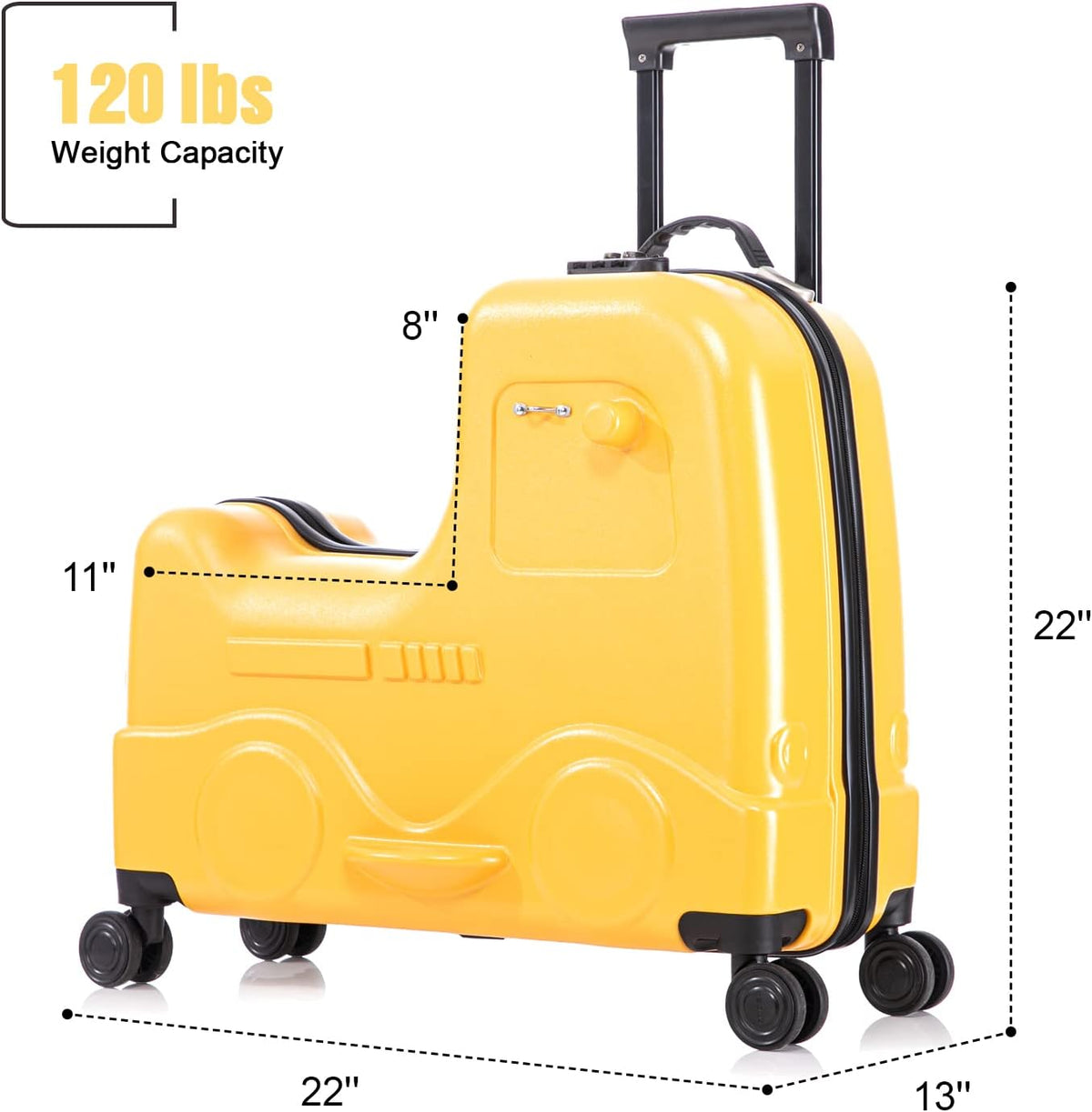 Apelila 22 inch Ride on Suitcase for Kids Travel Luggage Trolley Suitcase with Spinner Wheels Travel Luggage for Child with Combination Lock/Safety Belt/Telescoping Handle (Yellow)