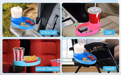 Complete Kids Travel Tray Kit - Easily Expands Cup Holder into 360° Cup & Travel Tray for Kids Car Seat, Booster, and Stroller - Toddler Road Trip Essentials Set Includes Coaster & Brush (Blue)