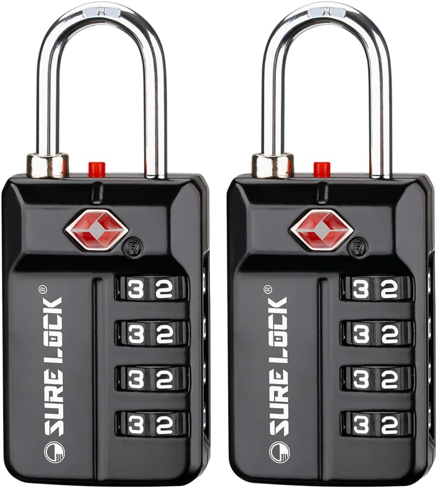 SURE LOCK TSA Approved 4-Digit Resettable Combination Luggage Locks with Open Alert, Easy-Read Dials - for Luggage, School Lockers, Gym, Office, Toolbox & Security Cases (Black 2 Pack)