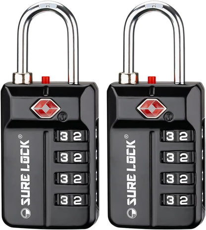 SURE LOCK TSA Approved 4-Digit Resettable Combination Luggage Locks with Open Alert, Easy-Read Dials - for Luggage, School Lockers, Gym, Office, Toolbox & Security Cases (Black 2 Pack)