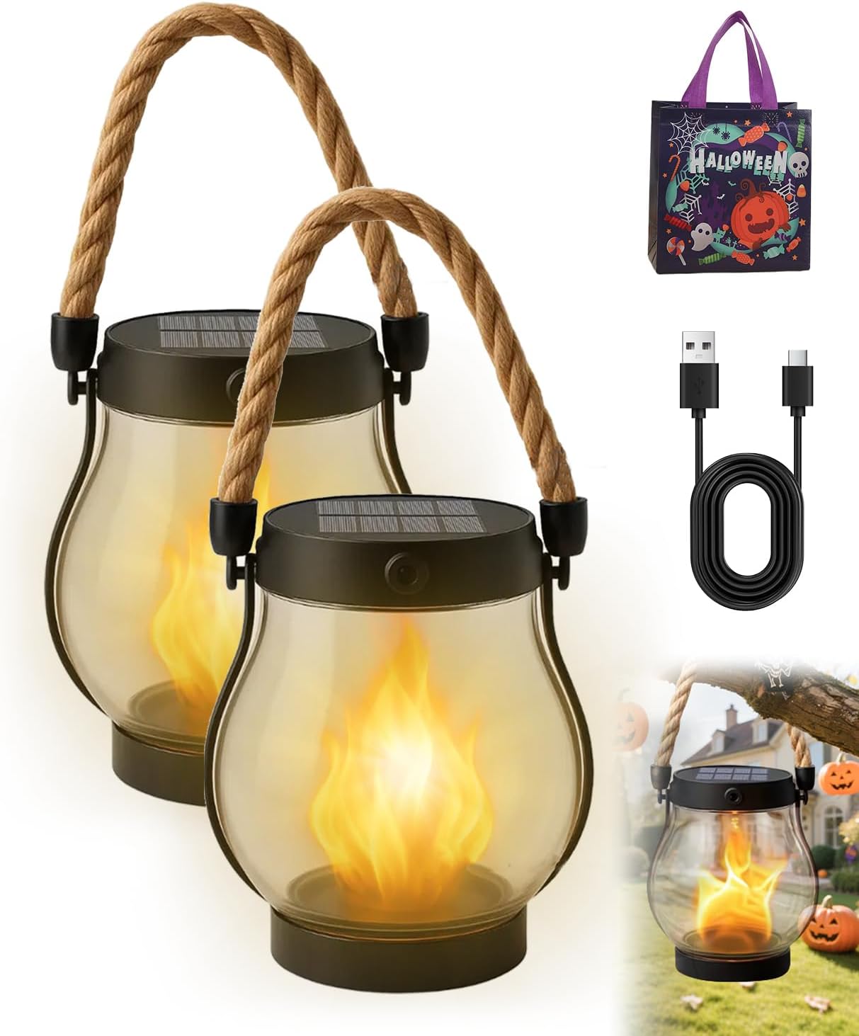 Kaliqo Solar Lantern Outdoor Lights - Official, Waterproof Kaliqo Solar Flame Lights Hangable with Dancing Flame, Hemp Rope Hanging Flame Lanterns,Dual Charging Modes, Smokeless (2pcs)