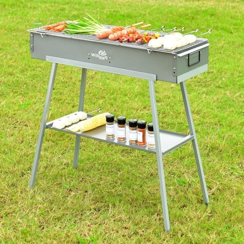 WILLBBQ Charcoal Grill, Portable BBQ Grill with Removable Stand & Shelf