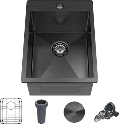 15 x 20 Inch Black Drop In Kitchen Sink - Single Bowl Topmount Bar Prep Sink - 18 Gauge Stainless Steel with Grid and Basket Strainer