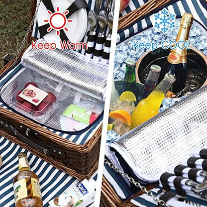 Wicker Picnic Basket for 4 with Blanket and Insulated Cooler