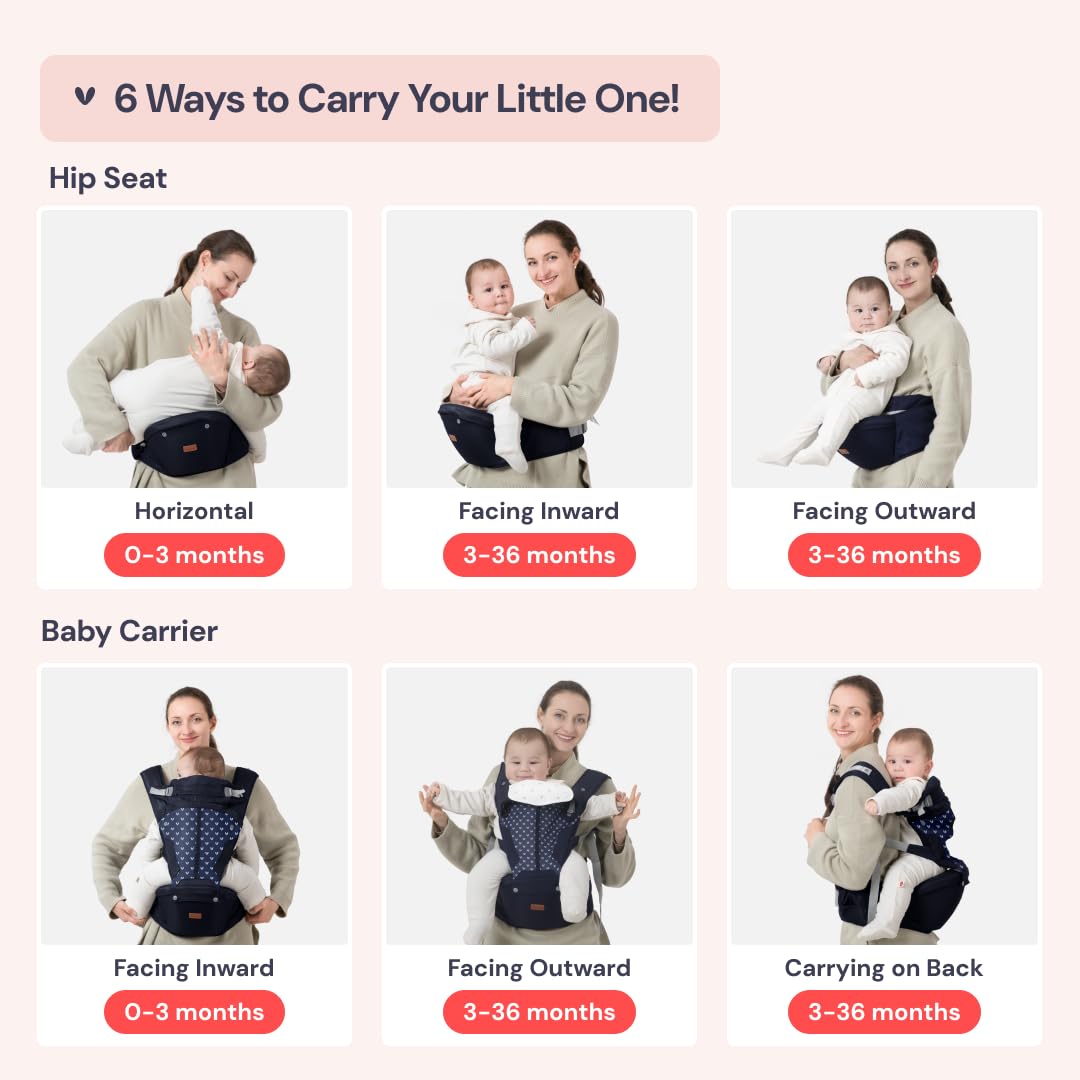 BabbleRoo Grow Carrier – 6-in-1 Baby Carrier with Hip Seat, Ergonomic, Cozy & Adjustable Toddler Carrier 7-50 lbs with Hip & Lumbar Support, Hood for Sun Protection, Newborn to Toddler, Navy Hearts