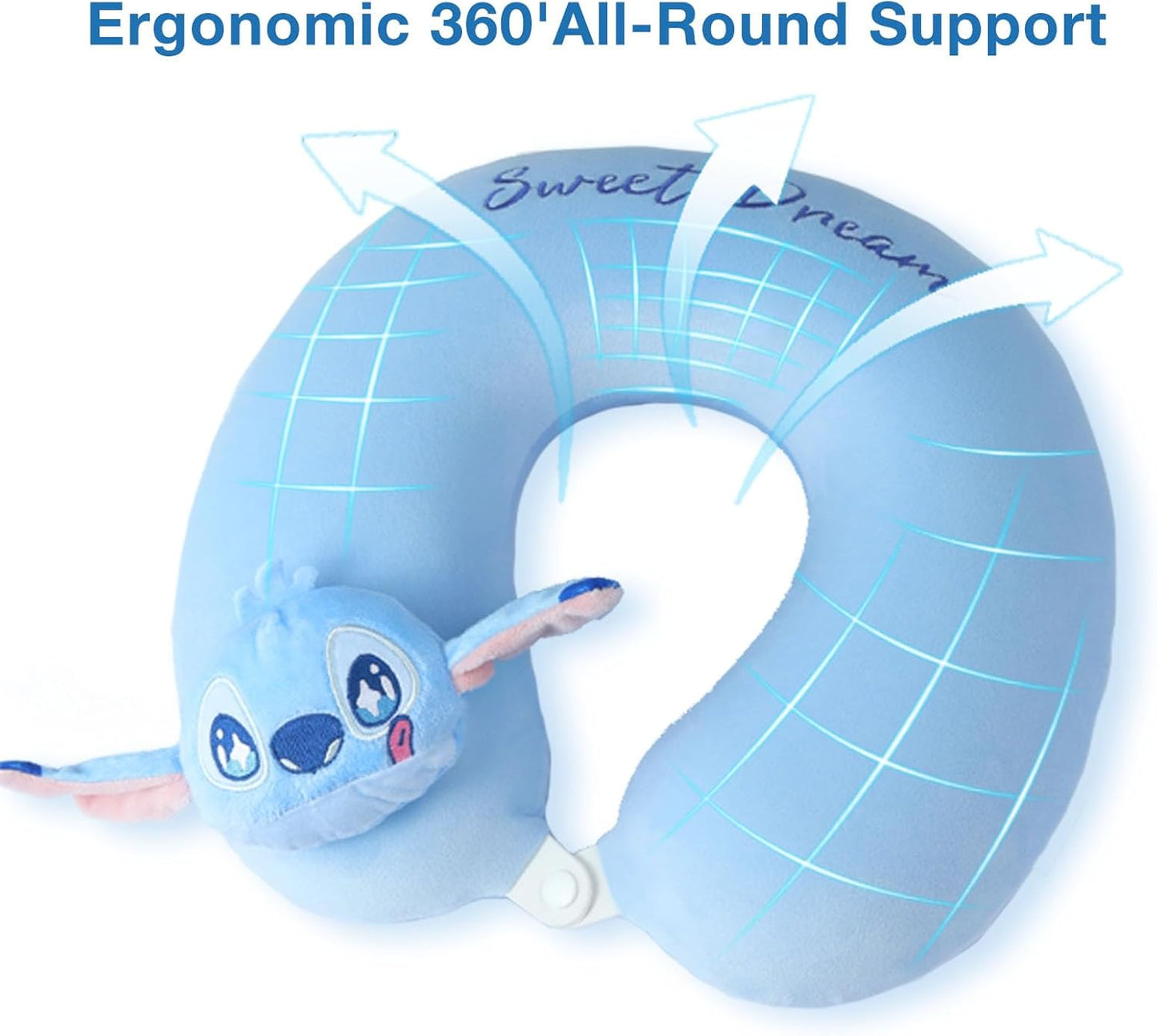 MINISO Disney Stitch Travel Pillow 100% Pure Memory Foam Neck Pillow, Airplane Pillow for Traveling Car Home Office Washable Cover