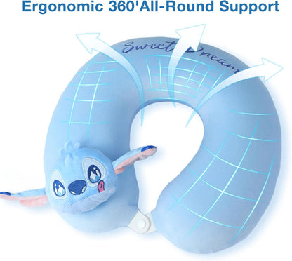 MINISO Disney Stitch Travel Pillow 100% Pure Memory Foam Neck Pillow, Airplane Pillow for Traveling Car Home Office Washable Cover