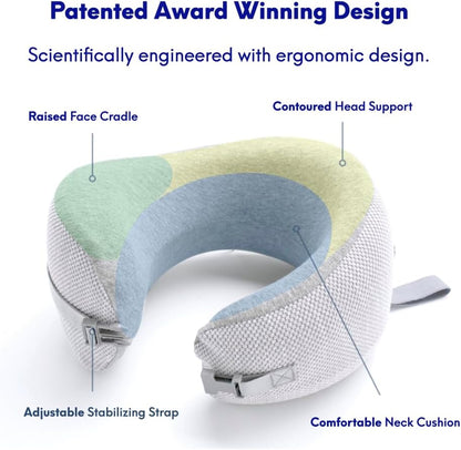 C CUSHION LAB Travel Pillow, Award-Winning Patented Ergonomic Design for Chin & Neck Support Memory Foam Neck Pillow, Compact Airplane Pillow for Traveling, Flight, Car (Gray, Medium)