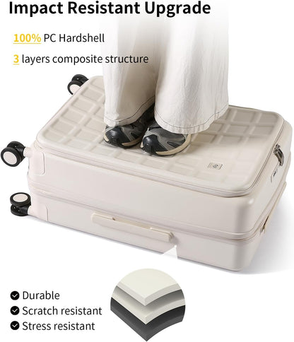 aji Expandable Top Opening Carry On Luggage Airline Approved, 20 Inch Lightweight Hardside Carry On Suitcase with Spinner Wheels, Travel Luggage with Laptop Compartment for Women Men, Coconut White