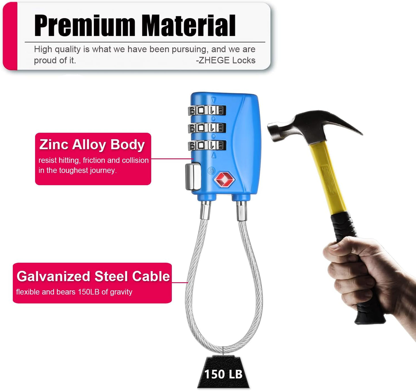 ZHEGE TSA Cable Luggage Lock 3 Digit Combination Padlock with Alloy Body for Suitcase, Baggage, Backpack, Pistol Case (2 Pack, Blue)