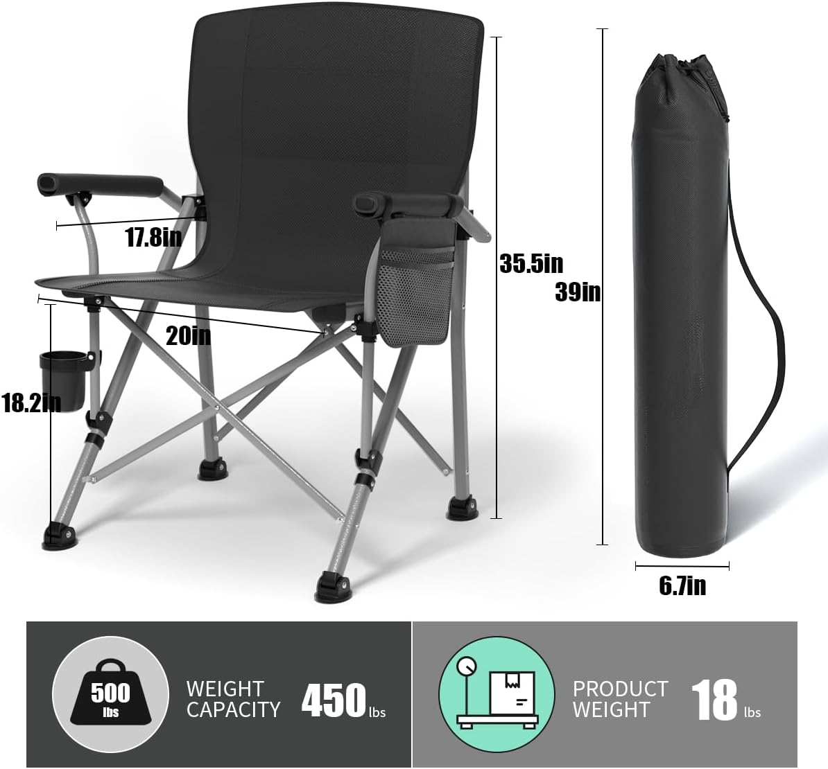 Oversized Camping Chair for Adults Heavy Duty,Heavy Duty Lawn Chair with Side Pockets，Outdoor Camping, Fishing, Beach,Hiking Foldable Camping Chair