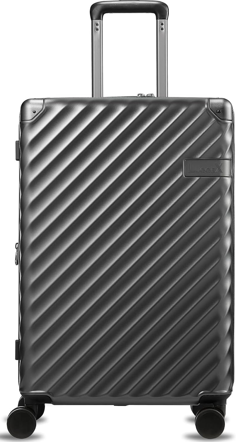 LUGGEX Luggage with Spinner Wheels, Polycarbonate Expandable Hard Shell Suitcase, Checked Medium 24 Inch, Charcoal Metallic