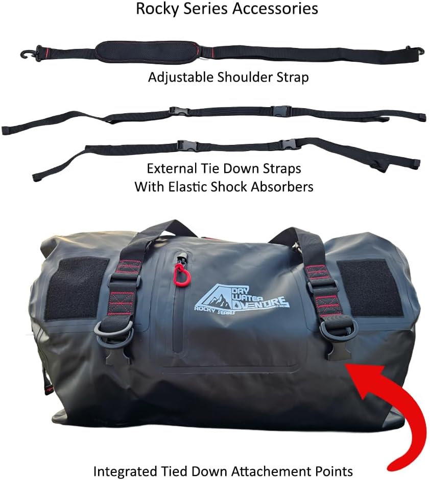 Motorcycle Waterproof Duffel Bag With Tie Down Straps, Marine Grade (60 Liter/15.8 Gallon, Rocky Series, Black)