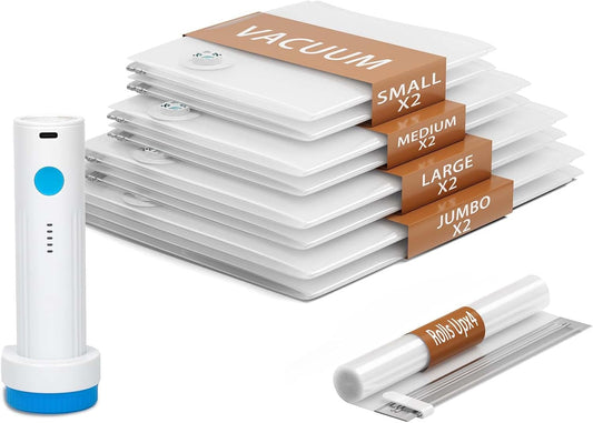 12 Pack Vacuum Storage Bags,Space Saver Bags for Clothing,Comforters,and Bedding,Includes 2 Jumbo, 2 Large, 2 Medium, 2 Small/4 Roll Bags,Compression for Closet & Travel, With Electric Pump