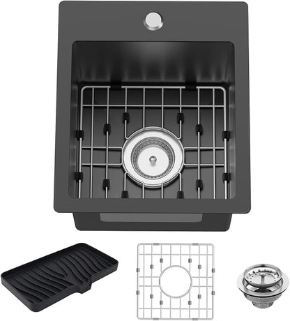 Small Black Kitchen Sink, 13x15 Inch Stainless Steel Drop In Topmount Kitchen by FAUENPEEY