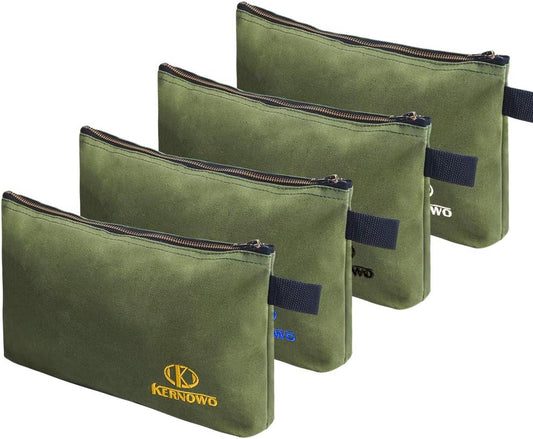 KERNOWO 4 Pack Upgrade Zipper Canvas Tool Pouch, 20 oz Heavy Duty Tool Bag, Water Resistant Utility tools Organizer, 12.75 X 8 X 2.25 inch Spacious Storage Pouches with Dependable Brass Zippers