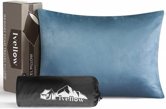 Ivellow Memory Foam Travel Pillow Compressible Camping Pillow for Sleeping Shredded Memory Foam Pillow Compact Firm Supportive Travel Pillow for Adults Kids Outdoor Hiking Essential Gear Blue-M